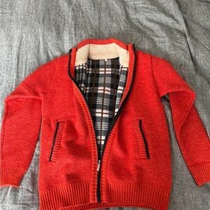 Red Zip-Up Cardigan with Plaid Lining